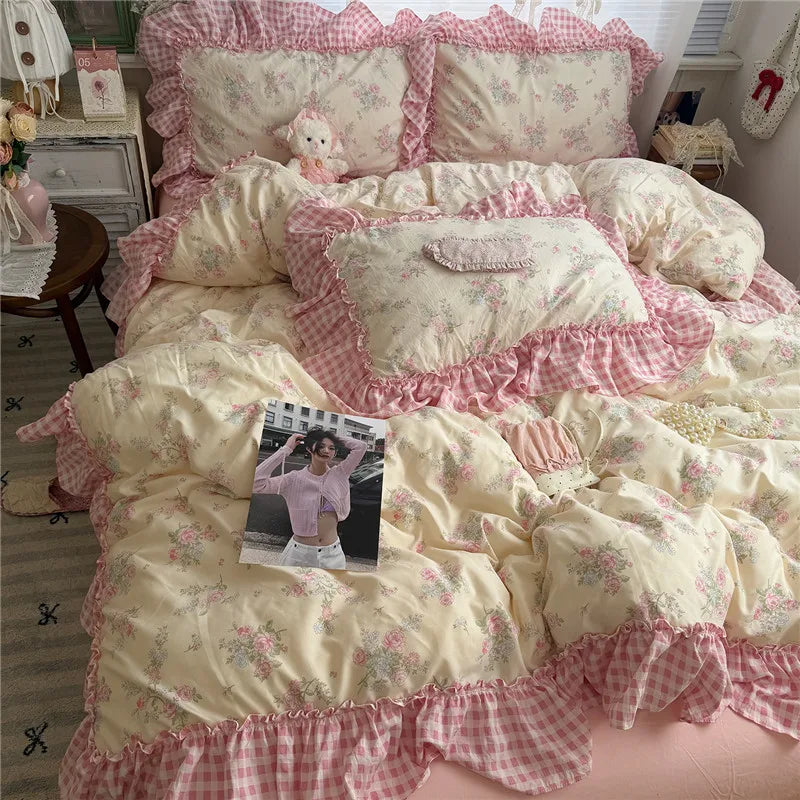 Korean Princess Style Floral Ruffles Bedding Set Washed Cotton Duvet Cover Bed Sheet Pillowcases Single Full Queen Size 3/4Pcs