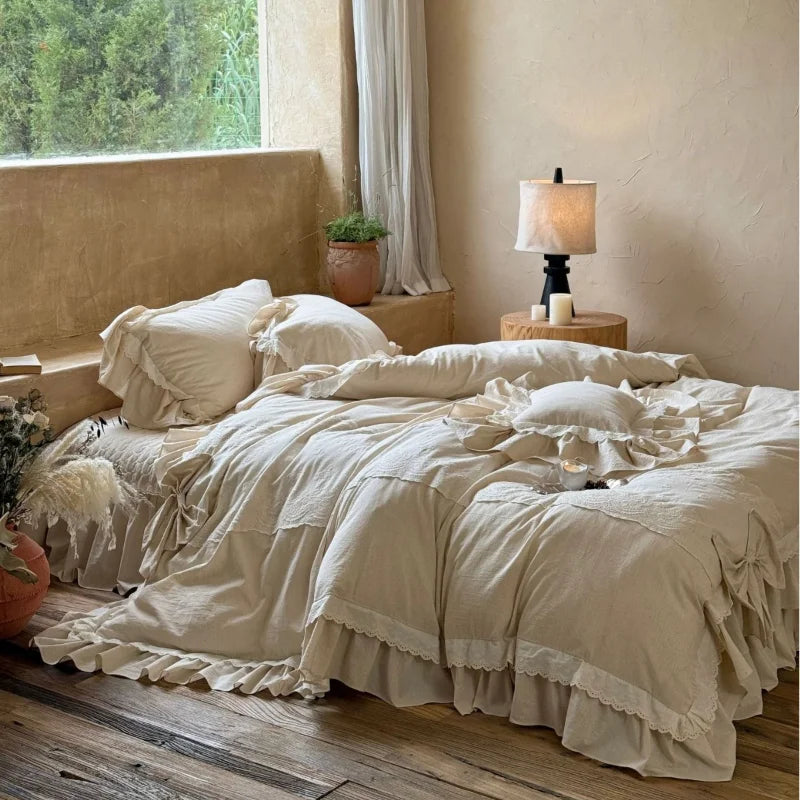 French Vintage Princess Style 4-Piece Bedding Set – Cotton Linen Blend with Lace and Bow Trim, Duvet Cover & Bedspread