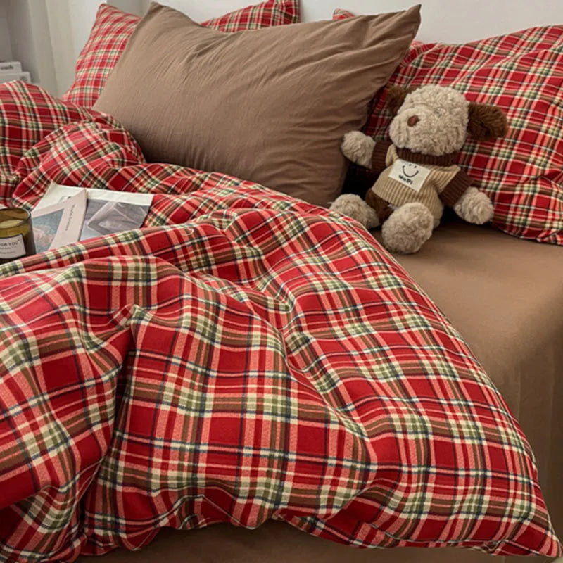 Vintage Geometric Plaid Printing Bedding Sets Nordic Soft Bedclothes for Four Seasons Skin-Friendly Quilt Cover Sheet Pillowcase