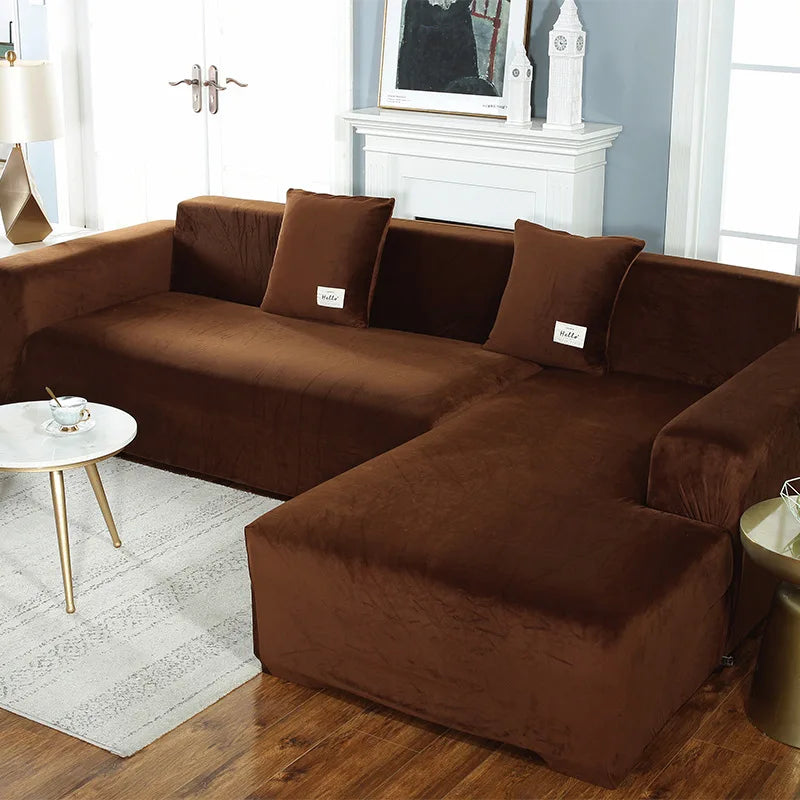 Solid Color Velvet Chenille Non-slip Sofa Cover, Elastic 1/2/3/4 Seater Thickened Full Coverage Slipcover Universal Fit L Shaped