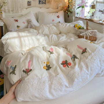 3/4Pcs Korean Princess Style Floral Embroidered Towel Bedding Set Single Queen King Size Duvet Cover Set Bed Sheet Pillowcases