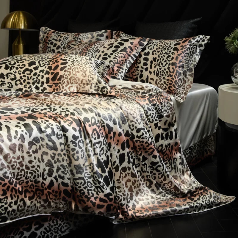 Leopard zebra print luxury high-end silk bedding set soft silk satin king size duvet cover sheet set