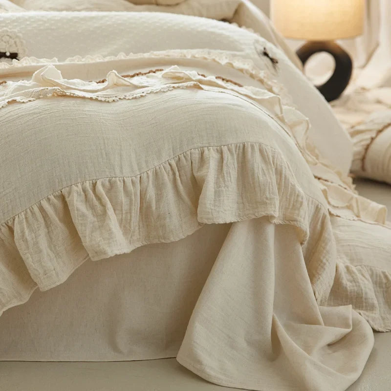 Princess Style Lace Trim Cotton Linen 4Pcs Bedding Set, French High-End Linen Duvet Cover & Sheet Set, Machine Washable