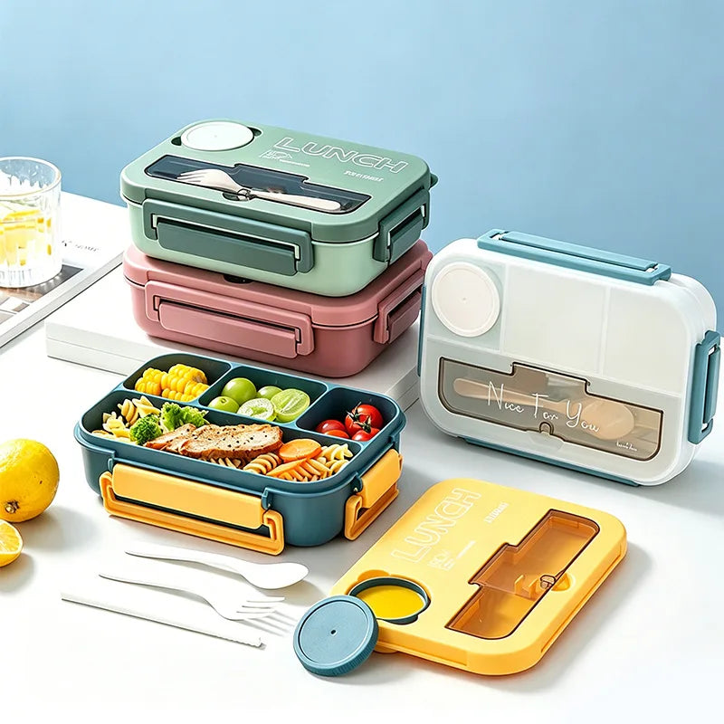 Student and office worker-friendly compartmentalized lunch box with fork and spoon, suitable for microwave use