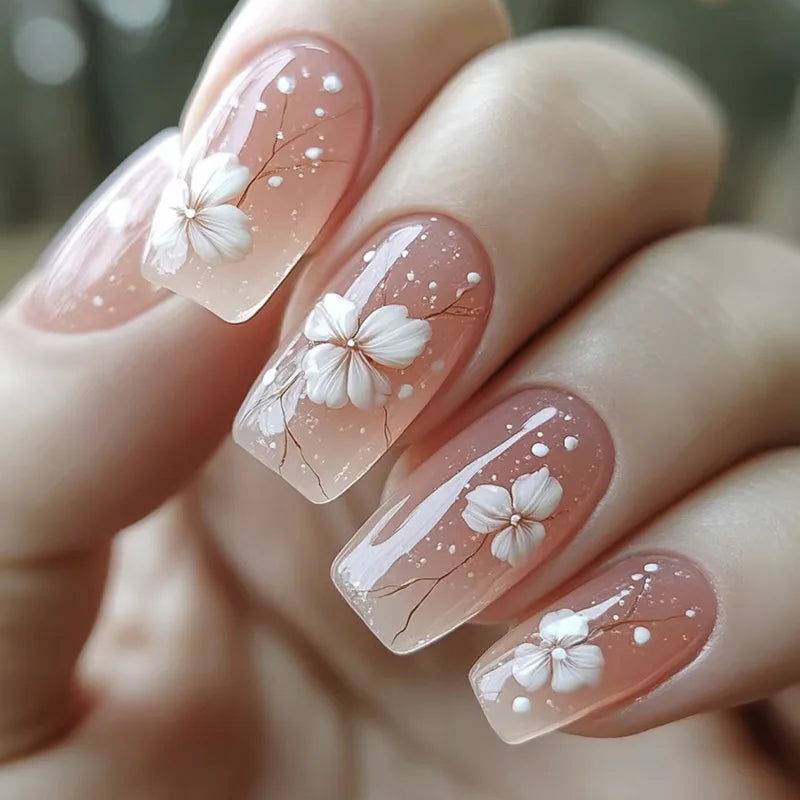 24pcs Sweet Cool False Nails Gradient French Fake Nail Tips with Purple Flowers Design Short Square Press on Nails Colorful Nail