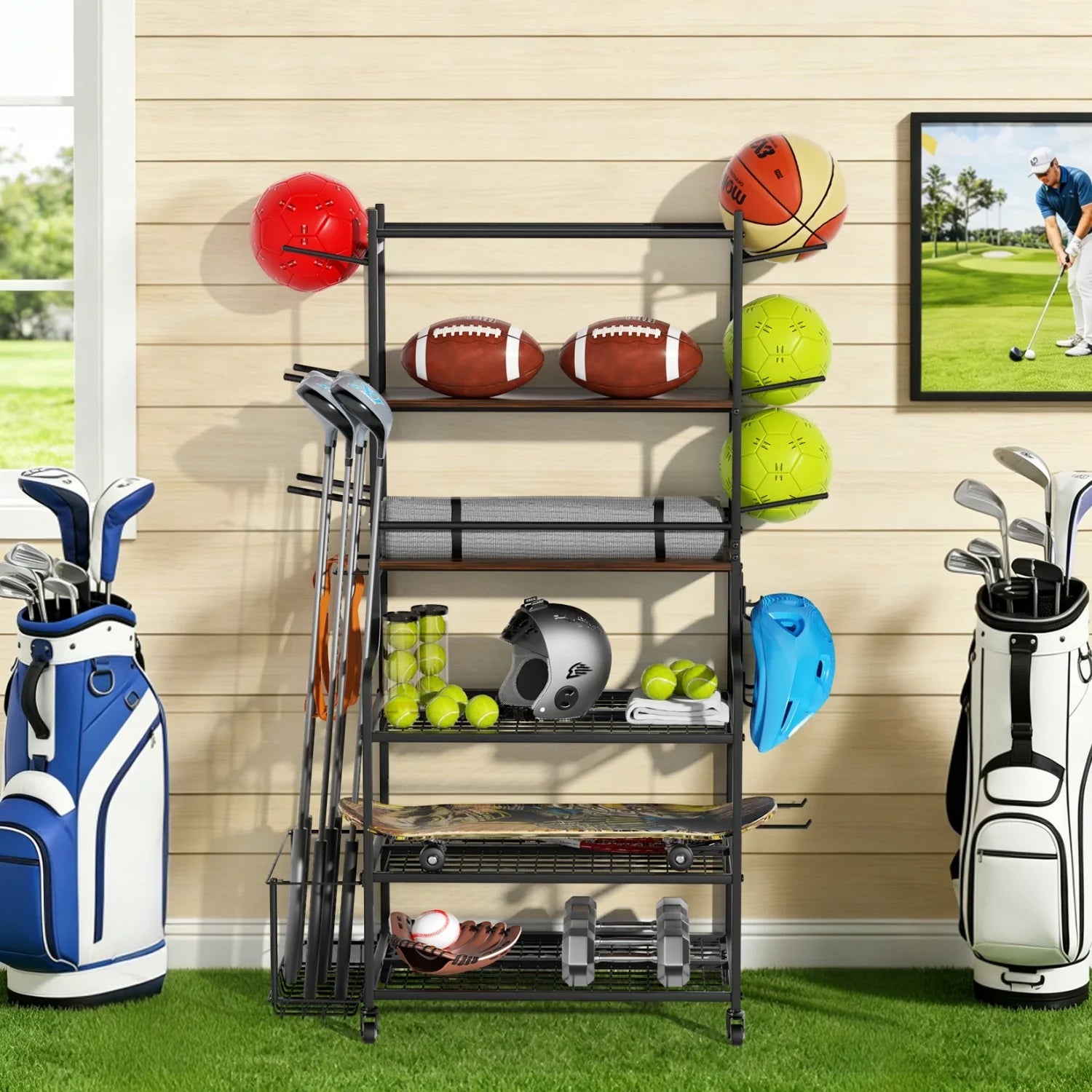 Yoga Mat Storage Rack Home Gym Storage Rack on Wheels Gym Organizer Equipment Storage for Home Exercise and Fitness Gear