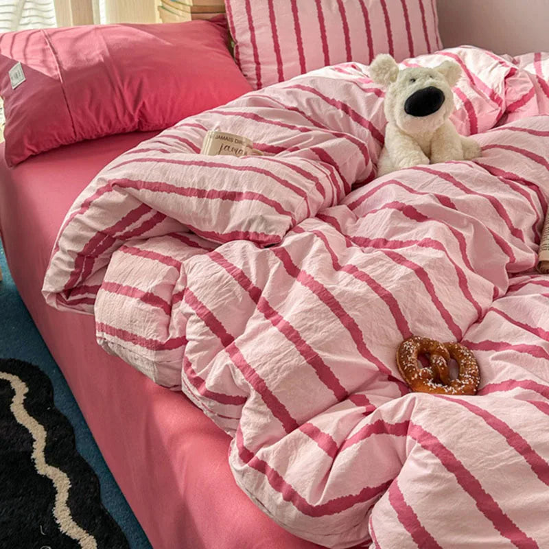 Simple Stripe Two-Tone Bedding Set Nordic Skin-Friendly Sheet Quilt Cover Kit for Four Seasons Machine Wash Colorfast Bedclothes