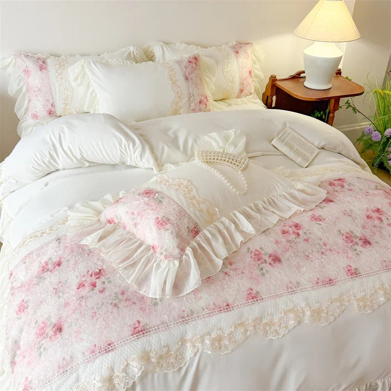 3/4Pcs French Romantic Lace Printed Ruffle Bedskirt Queen Size Quilt Cover Princess Style Boiled Cotton Double Bedding Set
