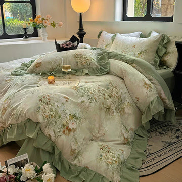 Korean Style Bedding Set 100% Cotton Green Flowers Printed Princess Duvet Cover Sets Fitted Bed Sheet Pillowcases Home Textile