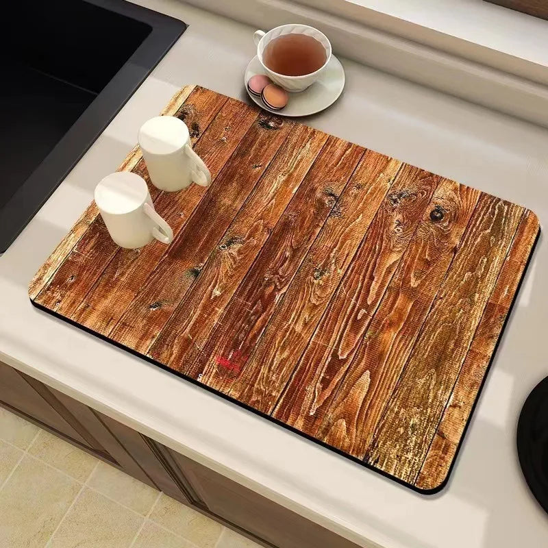 Natural Wood Grain Diatomite Kitchen Mat Super Absorbent Fast Drying Pad for Kitchen Countertop Dish Drying & Coffee Table Use