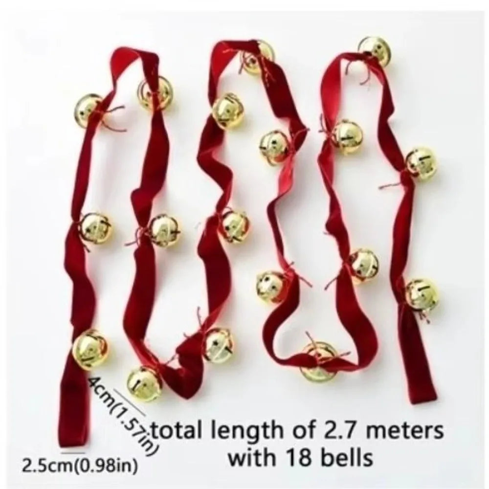 2.7m Christmas Velvet Bell Strings Red Iron Bell Ribbons Bell Pendant Wreath Decoration Handmade Xmas Tree Hanging Bells