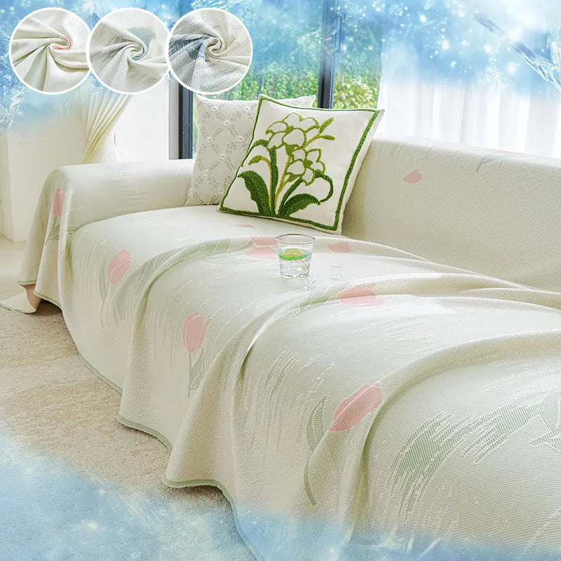 1PC-Tulip ice silk sofa towel, pet friendly scratch and dust resistant sofa towel, soft fabric, exquisite flower pattern