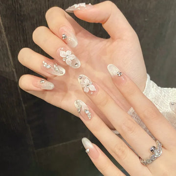10Pcs Snake Rhinestone Press on Nails Pink Gradient Press on Fake Nails Cat Eye Almond False Nails 3D Carve Flower Nail Art Tip
