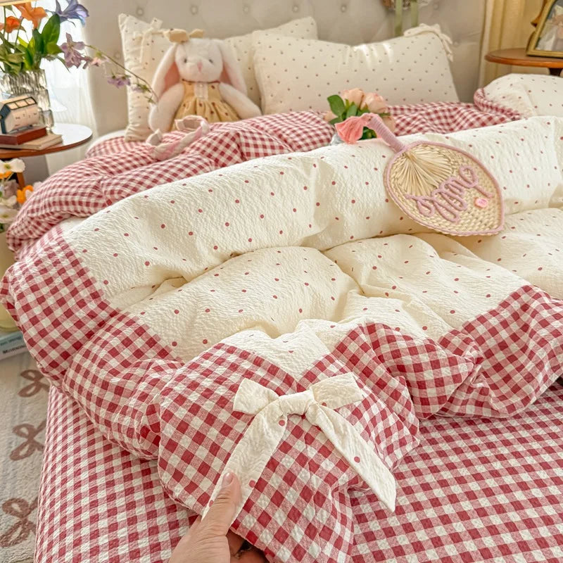 3/4Pcs Bedding Set Plaid Polka Dot Cotton Bedding Princess-Style For Home Double Bed Duvet Cover Bed Sheets With Pillowcase