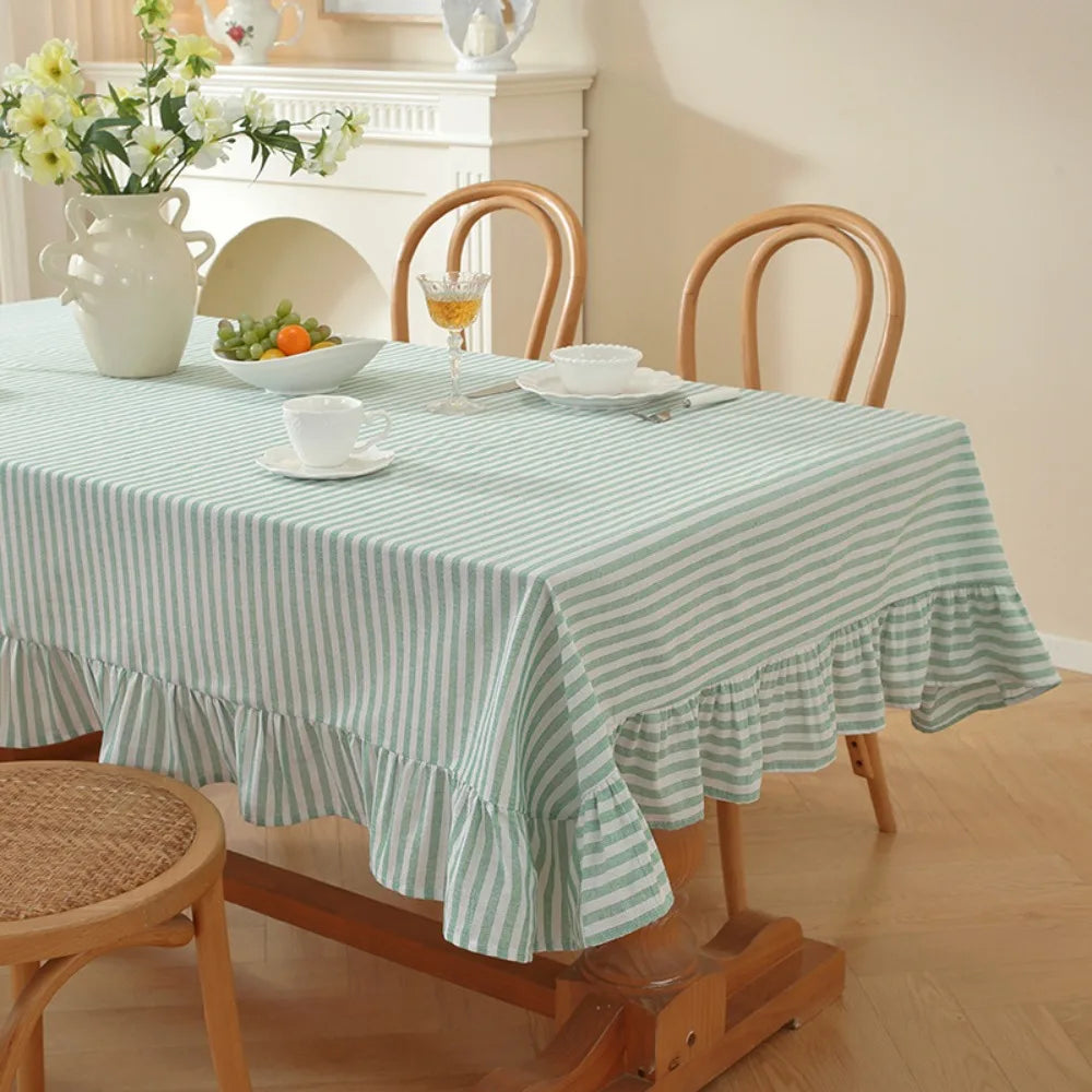 Vertical Striped Table Cover Washable Wrinkle-Resistant Striped Ruffle Tablecloth Ruffle Trim Farmhouse Tablecloth Wedding Decor