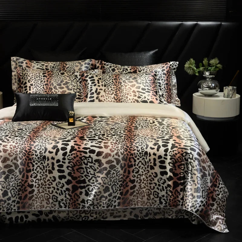 Leopard zebra print luxury high-end silk bedding set soft silk satin king size duvet cover sheet set