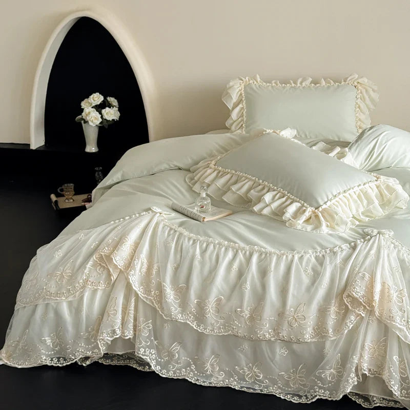Green Egyptian Cotton Princess Bedding Set Luxury Lace Butterfly Embroidery Duvet Cover Sets Bed Sheet Pillowcases Home Textile