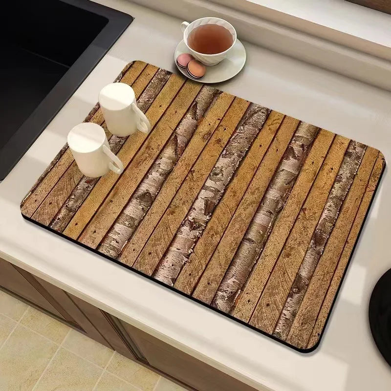 Natural Wood Grain Diatomite Kitchen Mat Super Absorbent Fast Drying Pad for Kitchen Countertop Dish Drying & Coffee Table Use