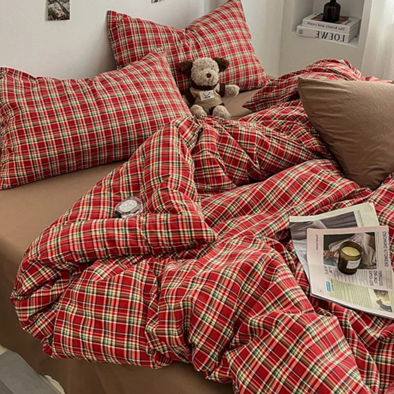 Vintage Geometric Plaid Printing Bedding Sets Nordic Soft Bedclothes for Four Seasons Skin-Friendly Quilt Cover Sheet Pillowcase
