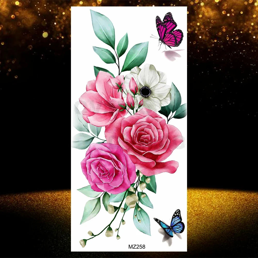 Realistic Black Rose Flower Temporary Tattoos Fake Waterproof Tatoo Body Art Arm Leg Floral Peony Bloosom Tattoo Stickers Makeup