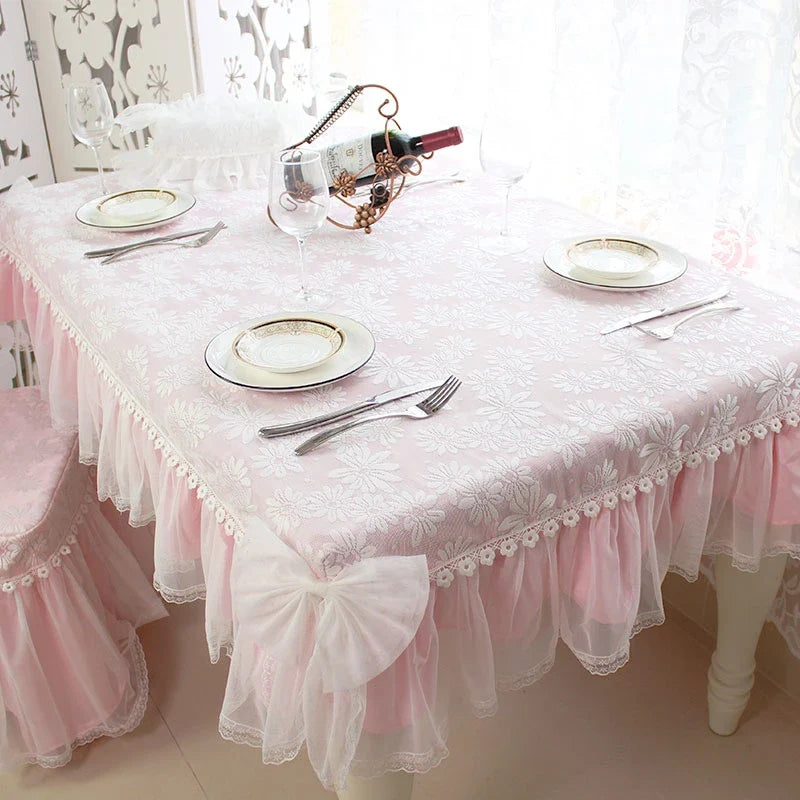 Korean Lace Tablecloth Garden Fresh Pink Bow Home Diningtable Cloth Rectangular European Wedding Decor Cloth