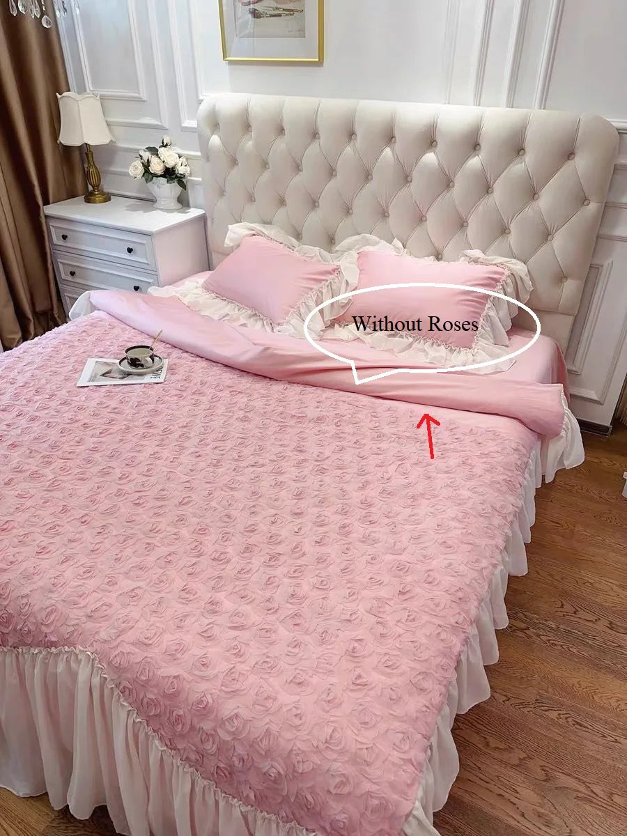 Three-Dimensional Rose Flowers Lace Ruffles Patchwork Bedding Set, Duvet Cover, Bed Sheet, Pillowcases, Pink, Egyptian Cotton