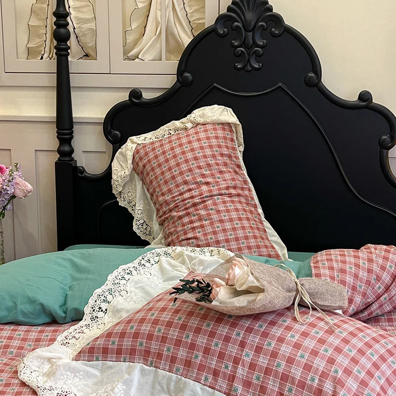 Vintage Plaid Pure Cotton double-layer yarn four-piece set French lace Bedding Set Duvet Cover Pillowcases Flat/Fitted Bed Sheet