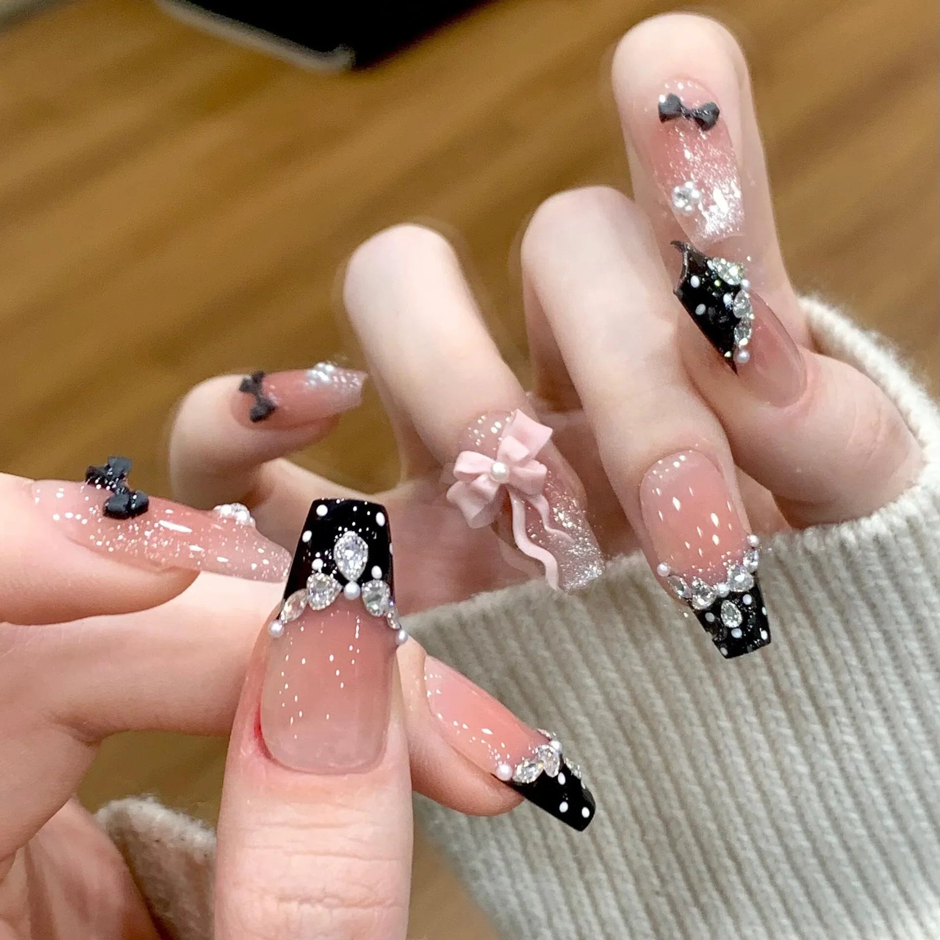 10Pcs Pink Coffin Handmade Press On Nails Moon Stars False Nails Sweet Bow Diamond Design Full Cover Ballet Fake Nails Press On