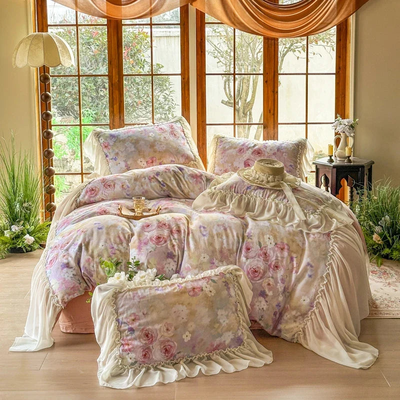 100% Cotton Double-layer yarn Bedding Set Vintage Chic Flowers Wide Chiffon Ruffle Edge Duvet cover Bed Sheet Pillowcases 4Pcs
