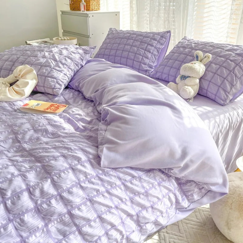 Simple Two-Tone Seersucker Bedding Set Super Soft Skin-Friendly Sheet Kit with Quilt Cover Nordic Solid Breathable Home Textile