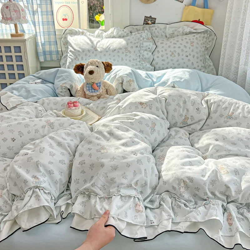 Princess Style Cartoon Floral Ruffles Bedding Set Washed Cotton Duvet Cover Bed Sheet Pillowcases Single Full Queen Size 3/4Pcs