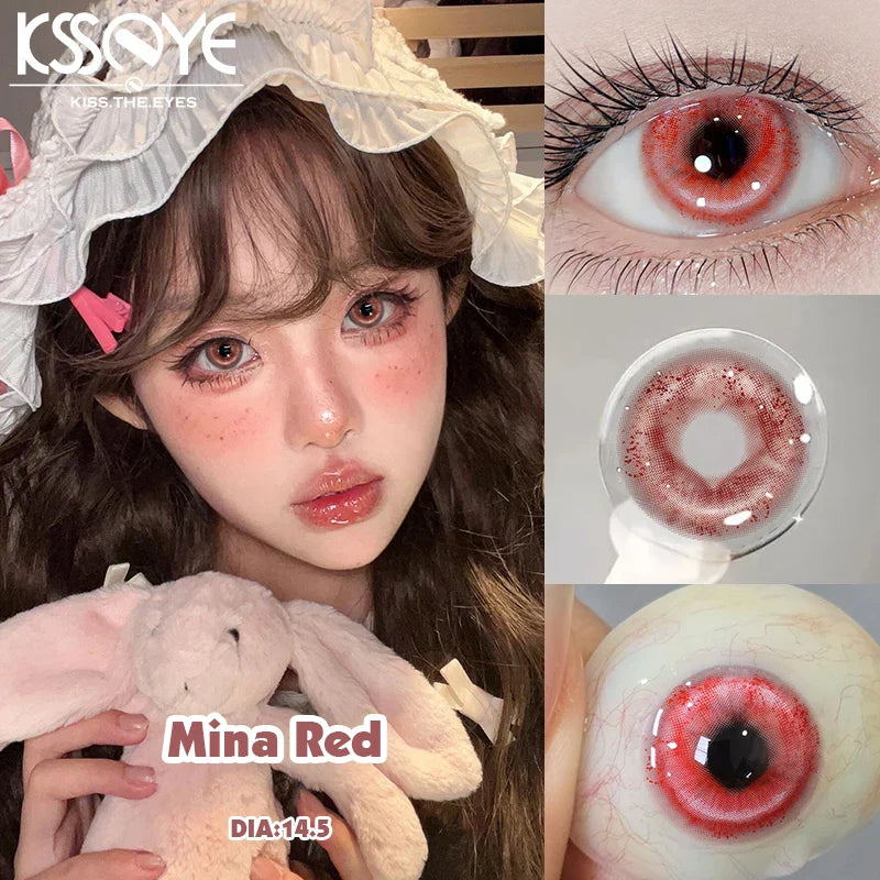 Anime Cosplay Beauty Pupil 1Pair New Red Color Contact Lenses with Degree 0~-8.00 Myopia Blue High Quality Fashion Lenses