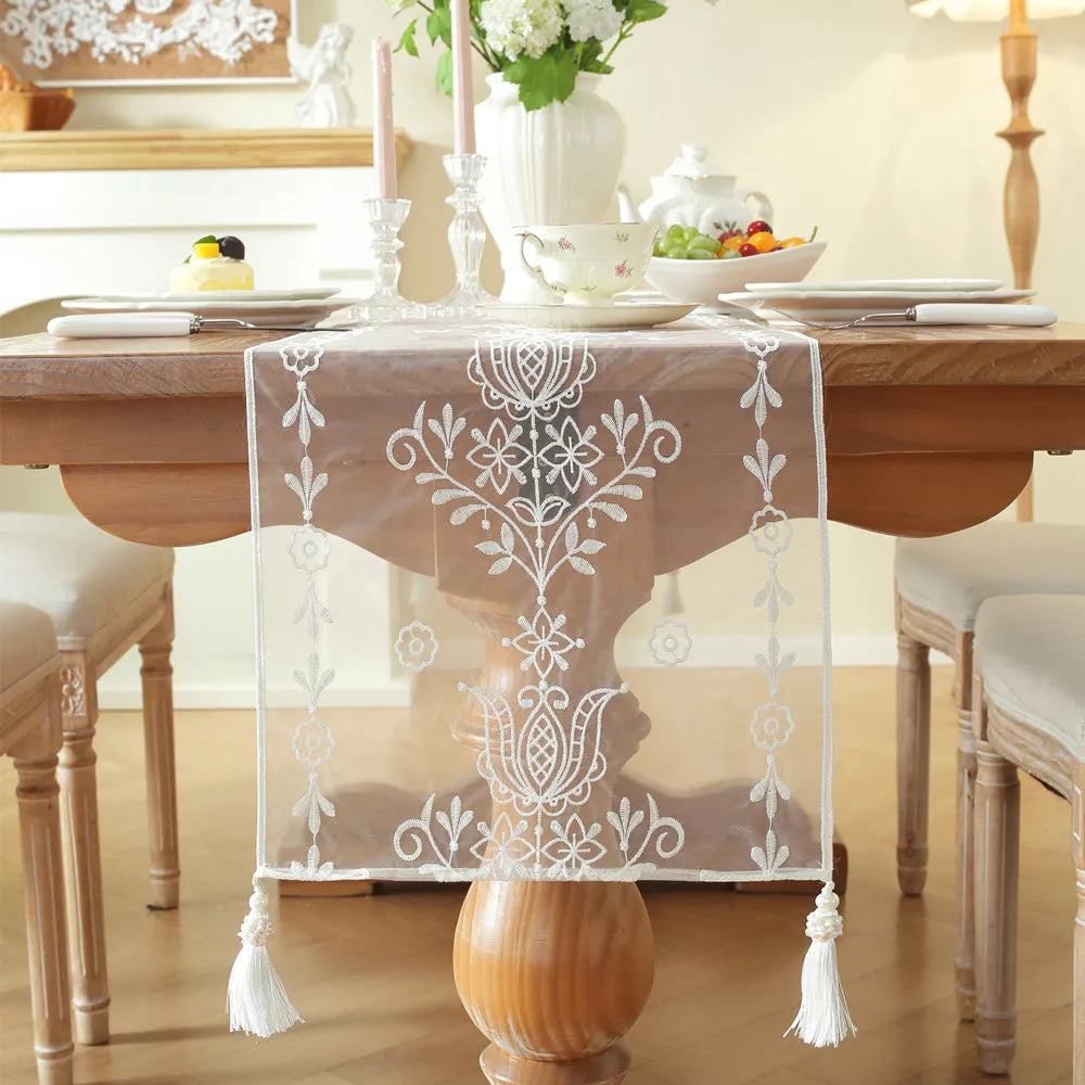 Modern Minimalist White Light and Thin Table Runner Lace Embroidery Floral Geometric Fringe Wedding Decor Tablecloth Decoration