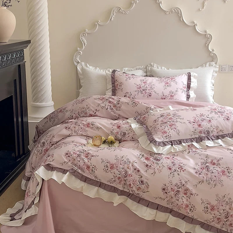500TC Egyptian Cotton Vintage French Rose Flowers Print Ruffles Bedding Set Duvet Cover Flat/Fitted Bed Sheet Pillowcases 4Pcs