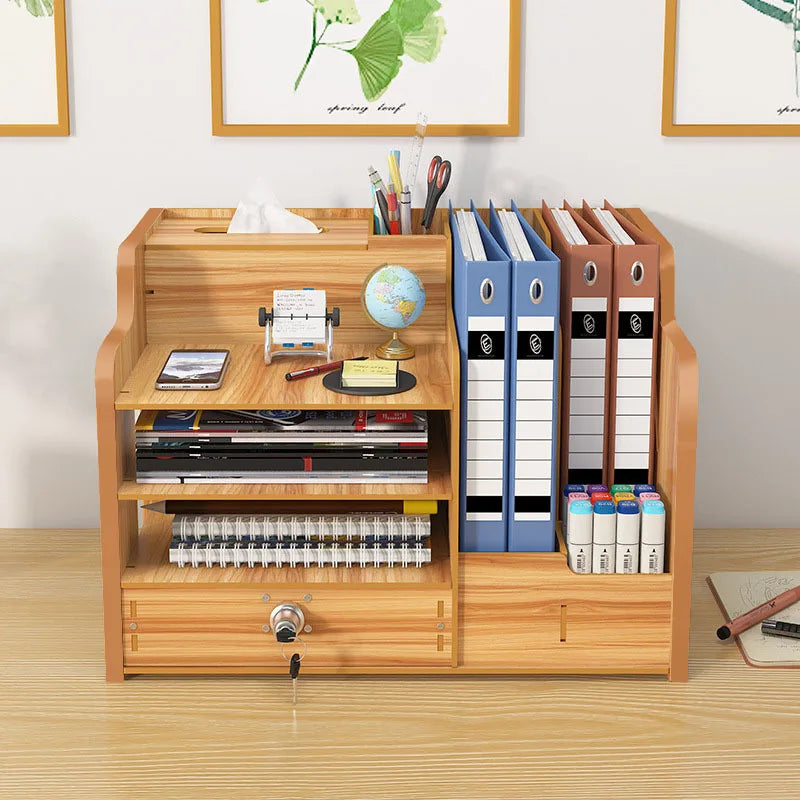 Wooden Desktop Organizer Desktop Storage Box Office Supplies Stackable File Holder with Pen Slot Key Hook Stationery Organizer