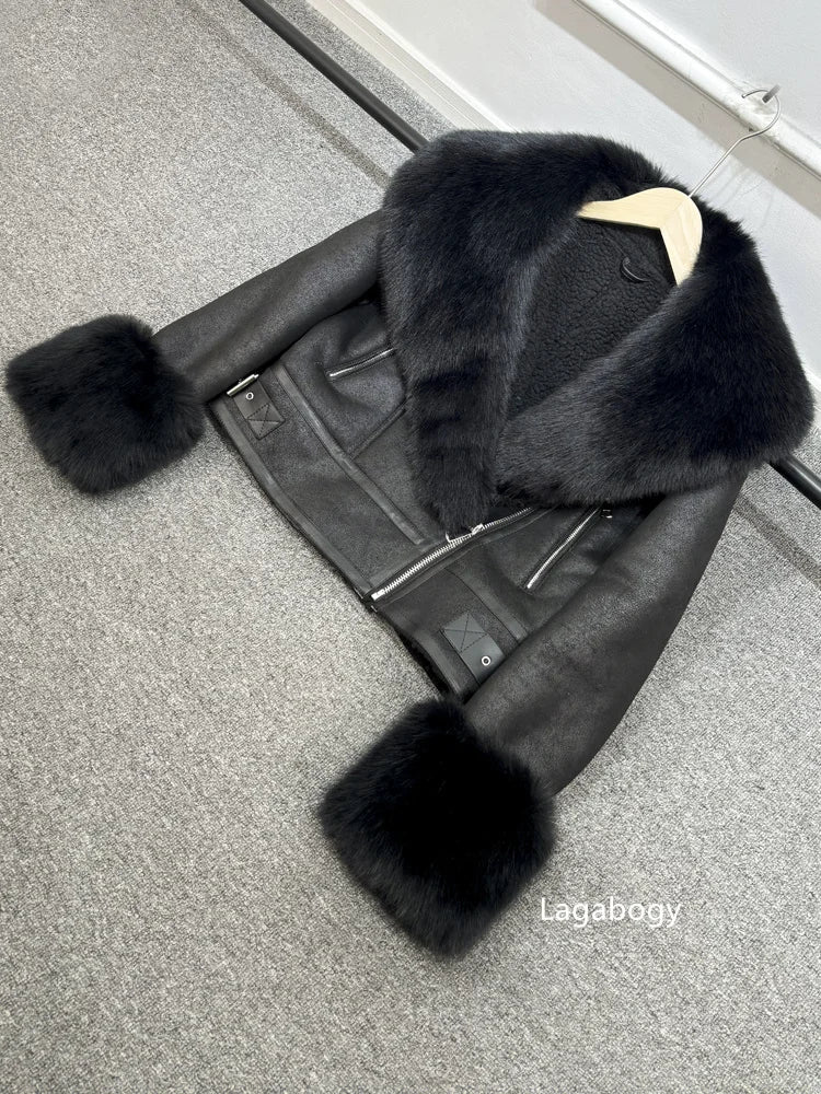 Women Faux Fur Collar Street Style Leather Jacket