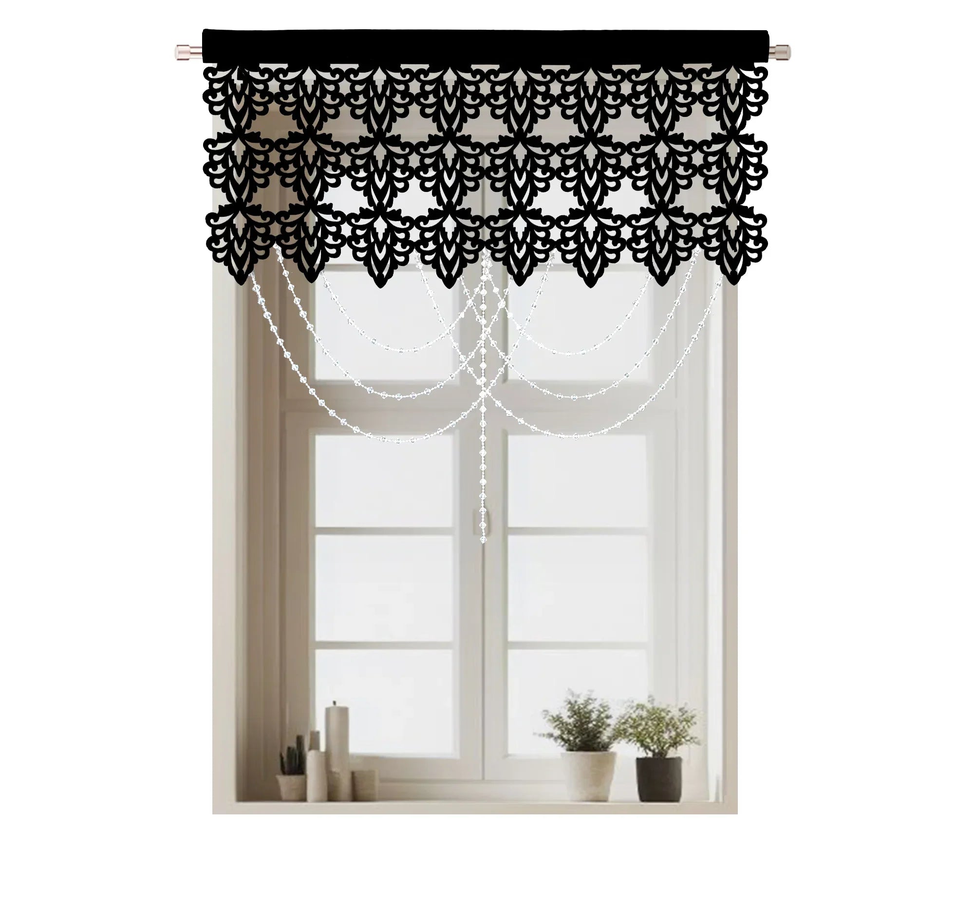1PC Hollow Cut Lace Valance Curtain With Crystal Beads, Light Filtering Window Drape, For Kitchen Cafe, Sweet Housewarming Gift