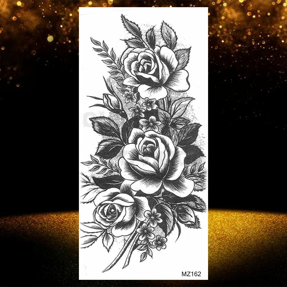 Realistic Black Rose Flower Temporary Tattoos Fake Waterproof Tatoo Body Art Arm Leg Floral Peony Bloosom Tattoo Stickers Makeup