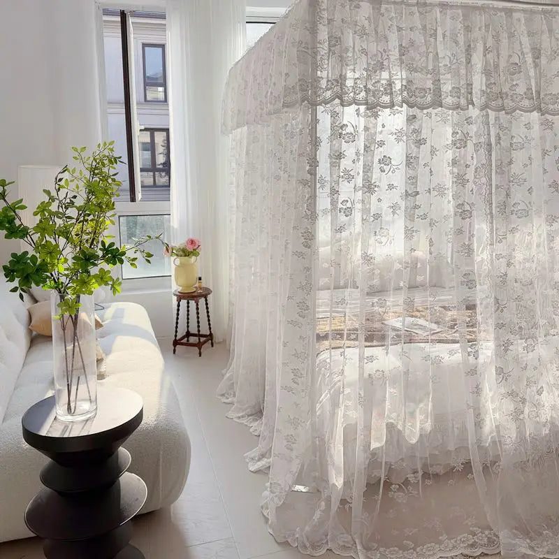 Light Luxury Jacquard White Romantic Lace Mosquito Net Three Door Bed Curtain Encrypted Bed Curtain No Bracket
