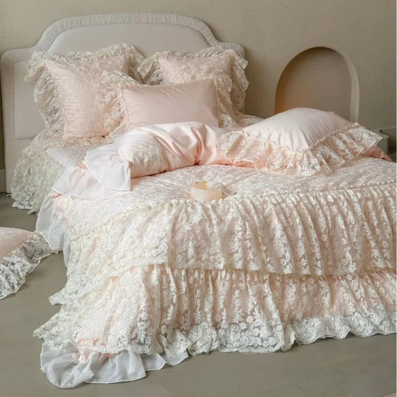 French Princess Bedding Set 4PCS Luxury All Cotton Lace Duvet Cover Set with Quilted Bedspread, Elegant Bedding Queen King Size