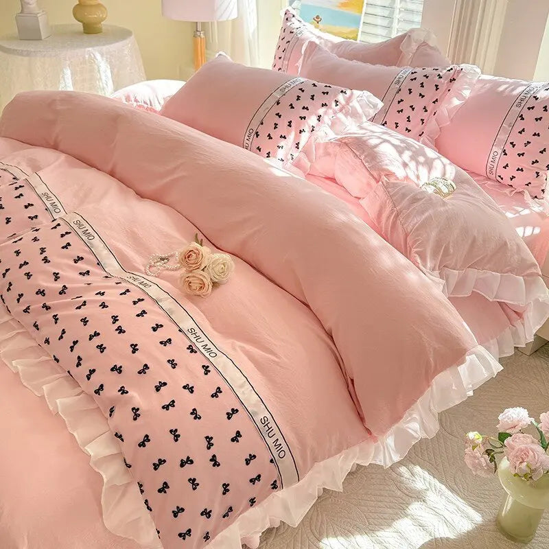 4Pcs Bedding Set Korean Princess-Style White Lace Duvet Cover Pillowcases And Ruffled Bed Skirt Couple Quilt King-Size Sheets