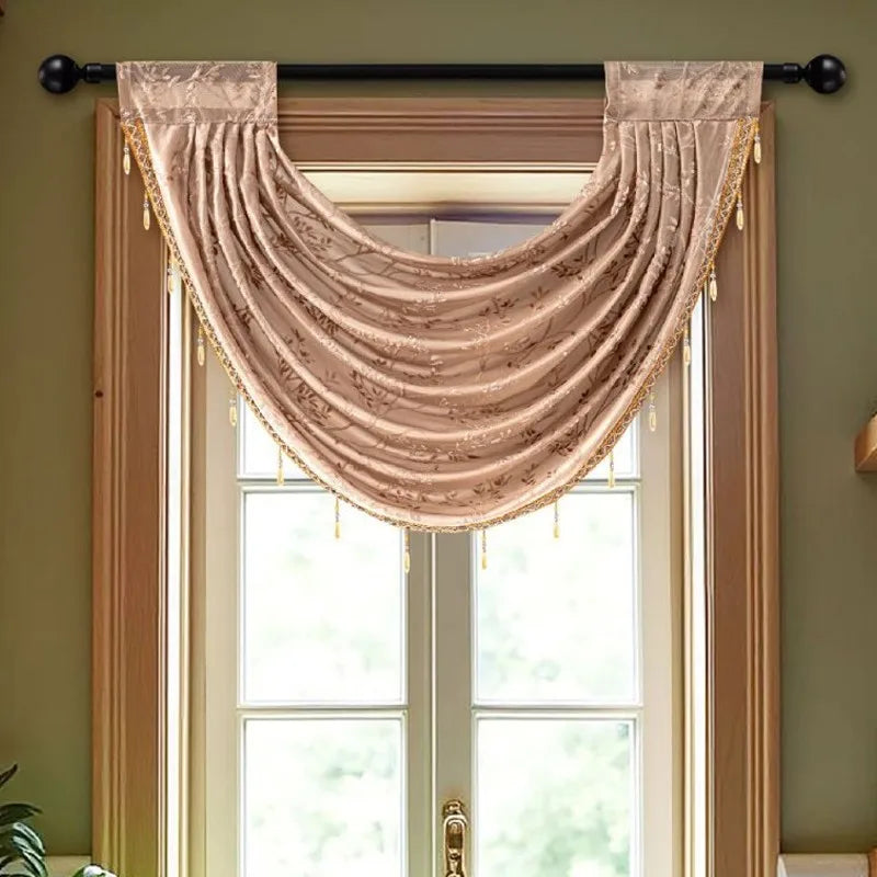 140x60cm Curtain Valance Livingroom Beaded Rod Pocket Scallop Header Window Panel Drapes With Fringe Tassel Home Decoration