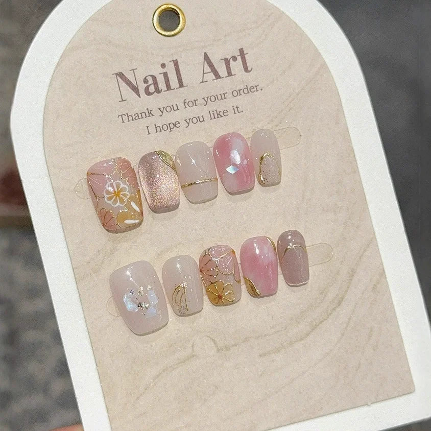10pcs Short Coffin Press on Nails Shiny Green Cat Eye Nail Hand Paint Mini Flower Fake Nails Pearl Gold Foil Enamel False Nails