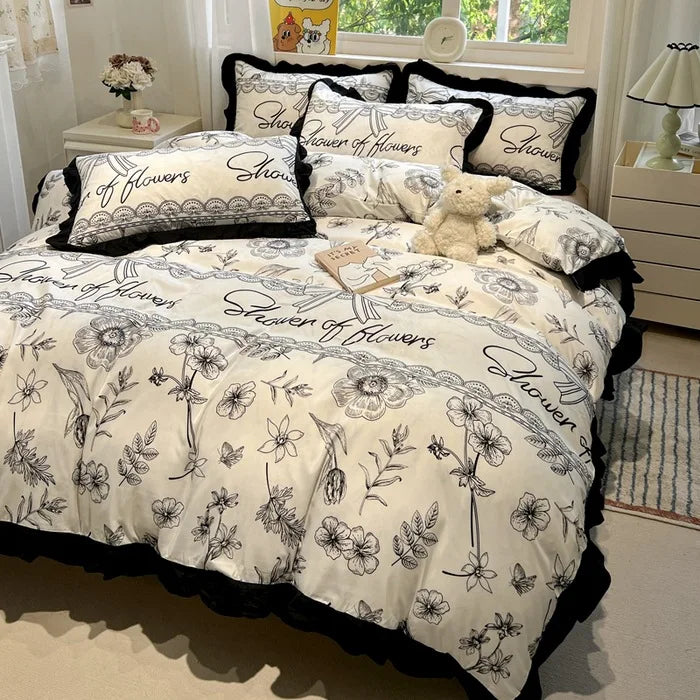 Hepburn Style Floral Print Bedding Sets Elegant Lace Super Soft Cozy Flat Sheet Set Home Dorm Textile Supplies for All Seasons