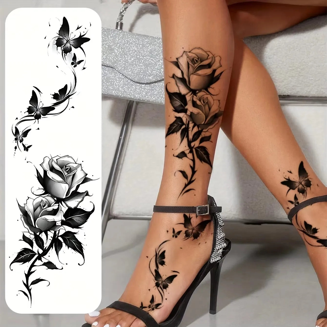 2 Sheets Waterproof Temporary Tattoo Sticker Butterfly Flower Rose Fake Tatto Flash Tatoo Shin For Girl Women Body Art Tattoos