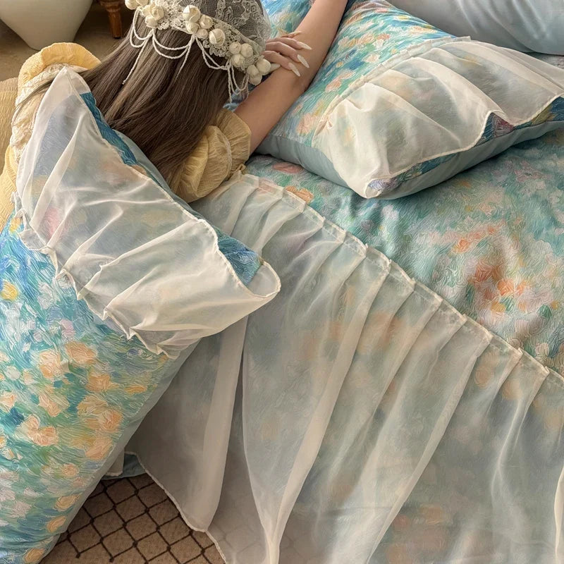 4Pcs French Princess Style Tencel Cotton Ice Silk Summer Cooling Comforter Set Blue Print Ruffle Bedding Set 1.5M Bedspread