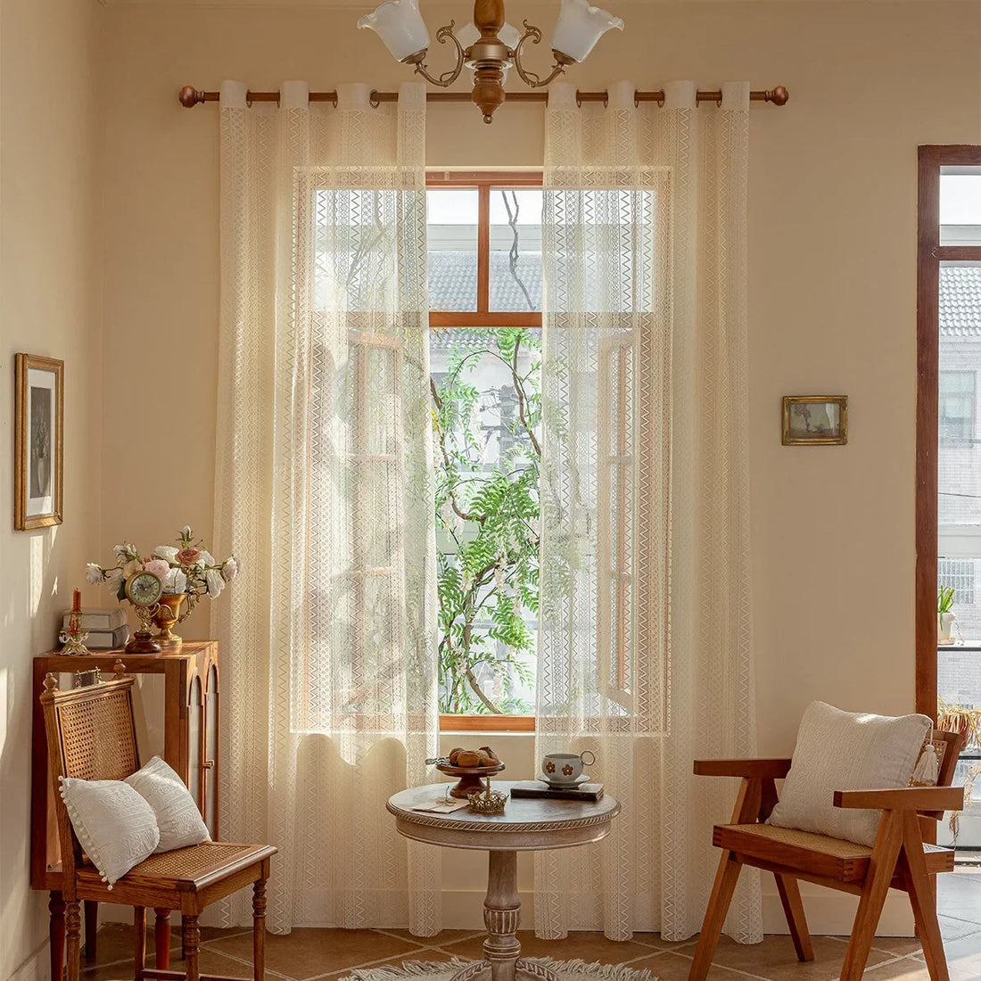 Curtain Beige Lace Sheer Window Curtains Retro French Style Living Room Bedroom Decoration Wave Pattern Romantic Treatment