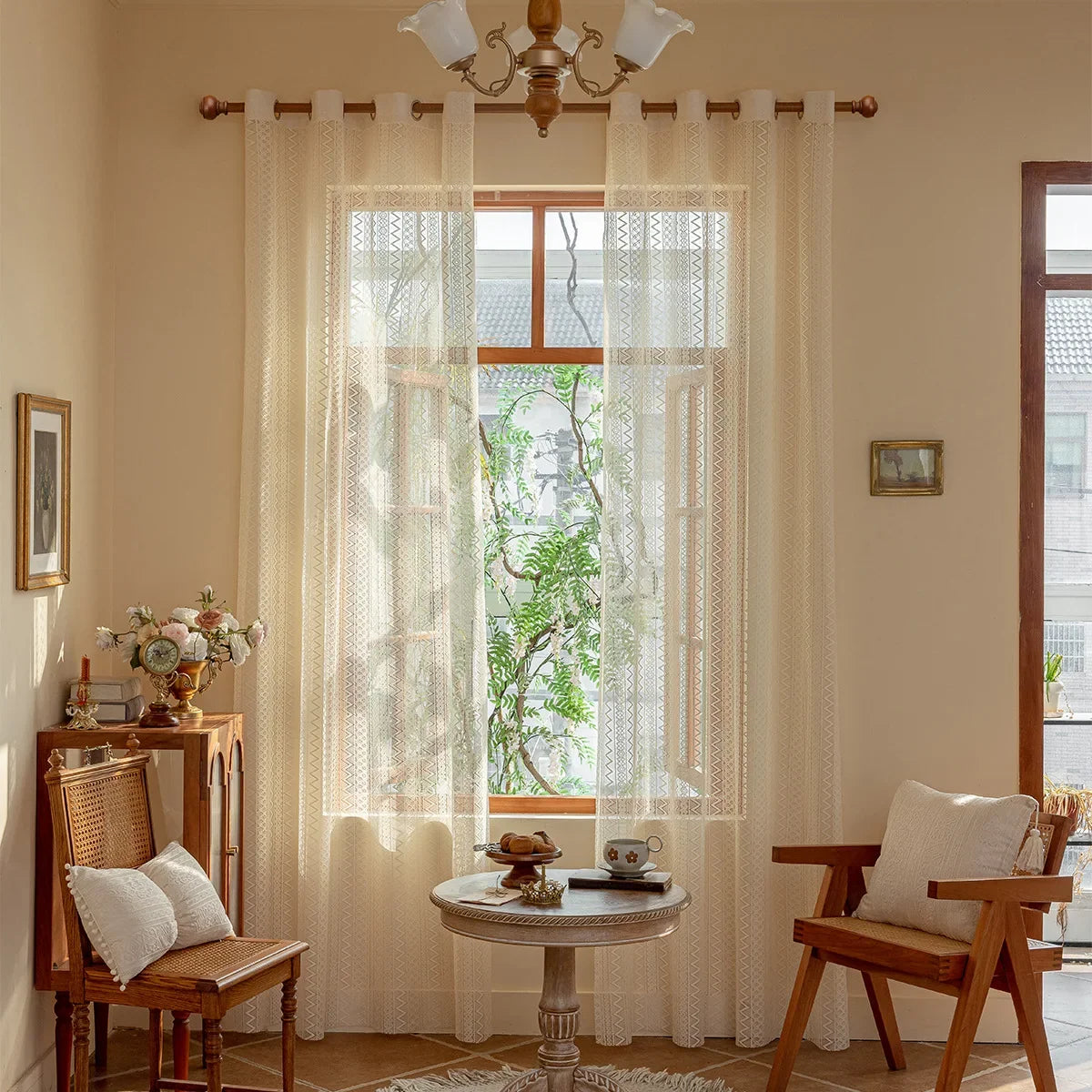 Curtain Beige Lace Sheer Window Curtains Retro French Style Living Room Bedroom Decoration Wave Pattern Romantic Treatment