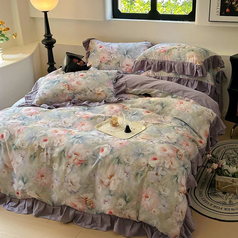 Korean Style Bedding Set 100% Cotton Green Flowers Printed Princess Duvet Cover Sets Fitted Bed Sheet Pillowcases Home Textile