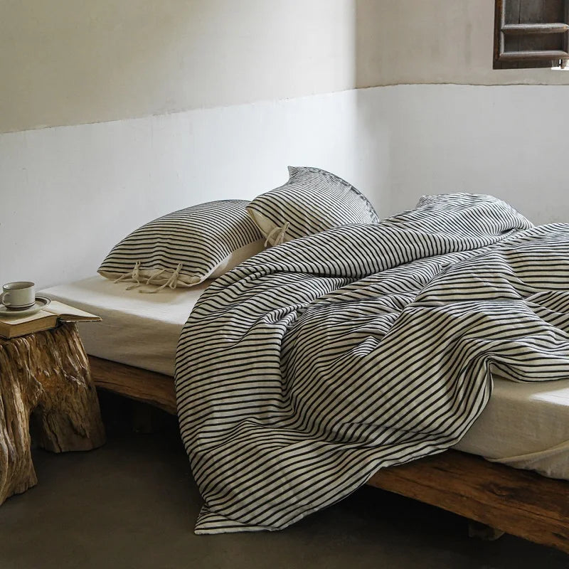 Linen Cotton Simple Stripes Jacquard Nordic Style Bedding Set Single Double Queen King Duvet Cover Flat Sheet Pillowcase